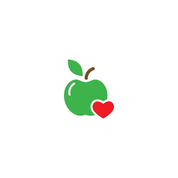 Green apple with red heart icon. Flat pictogram isolated on white. Vector illustration. Healthy food logo. — Stock Vector