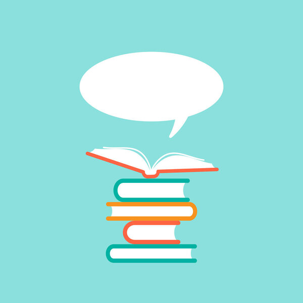 Стопка книг и открытая книга с оранжевой крышкой и речи пузырь, вылетает.