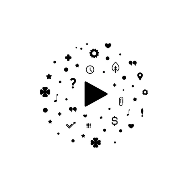 Speel icoon in cirkel met tekens, pijlen, bellen en sterren. Film of film icoon plat. Knop voor visuele informatie. — Stockvector