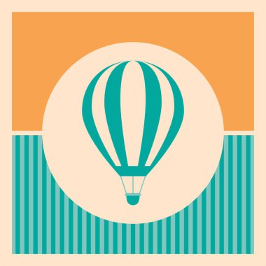 Çizgili arkaplanda mavi sıcak hava balonu retro simgesi.