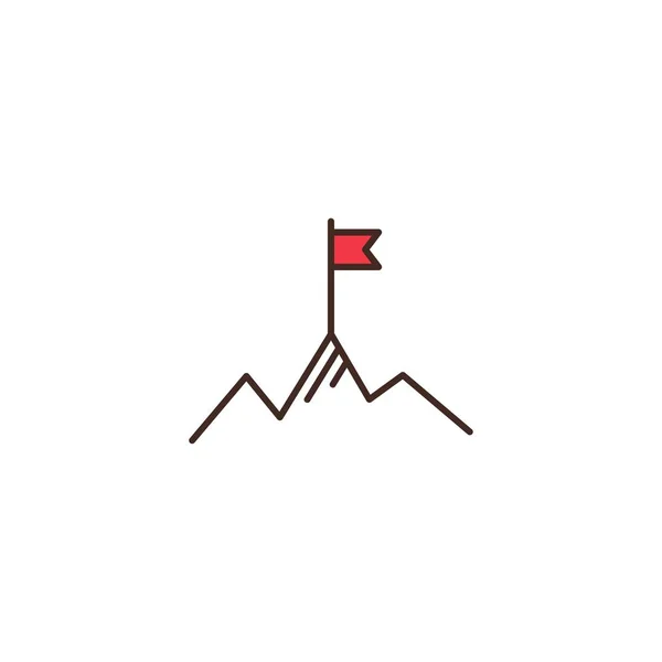 ธงแดงบนยอดเขา ความสําเร็จ สัญลักษณ์ผลลัพธ์สูง ภูมิทัศน์ที่มีภูเขาและเมฆ . — ภาพเวกเตอร์สต็อก