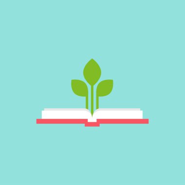 Yeşil dalları ve yaprakları olan açık kare bir kitap. Düz simge mavi arkaplanda izole edildi.