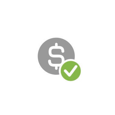 Dolar işaretli yeşil daire ve keneli pembe daire. Düz simge. Beyazda izole edilmiş. Ödeme işareti. Kabul düğmesi.