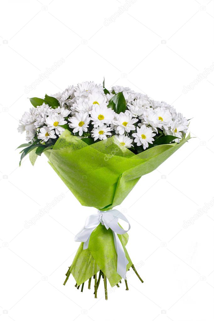 Bouquet of white camomiles, chrysanthemums.