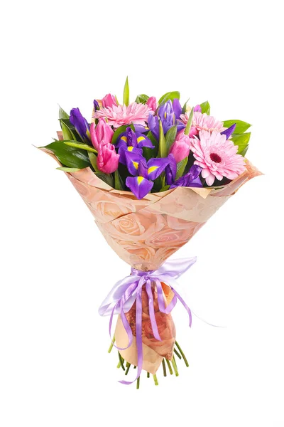 Bouquet of gerberas, irises and tulips — Stock Photo, Image