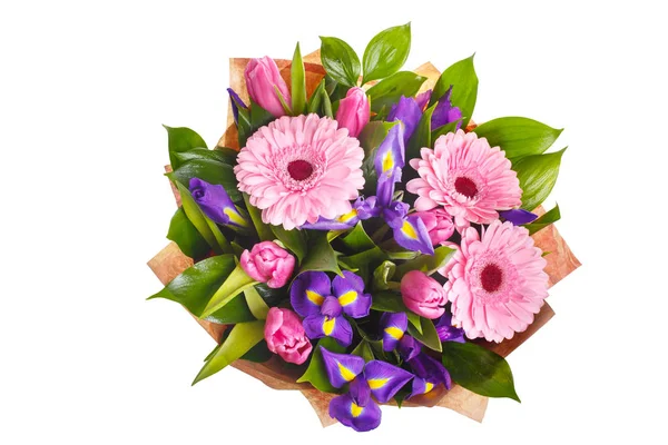 Bouquet of gerberas, irises and tulips — Stock Photo, Image