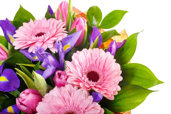 Bouquet of gerberas, irises and tulips — Stock Photo, Image