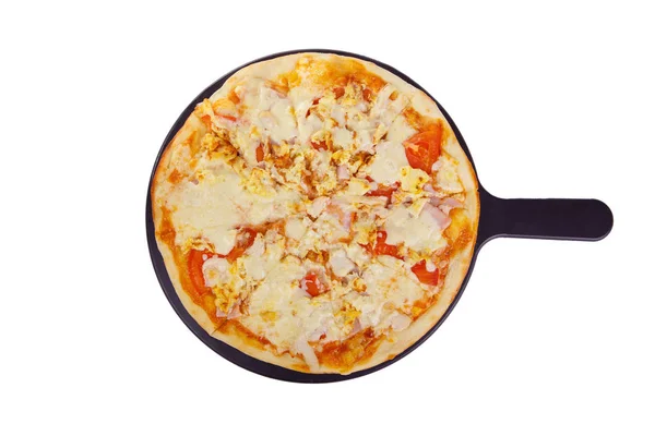 Pizza su lavagna bianca isolata bianca — Foto Stock