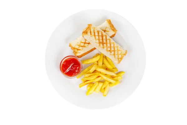 Sanduíche e batatas fritas branco isolado — Fotografia de Stock