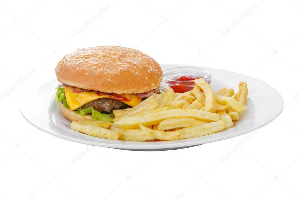 Burger and French fries isolated white