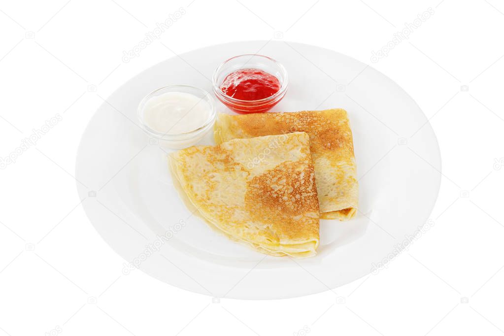 Pancake with berry jam and sour cream, isolated