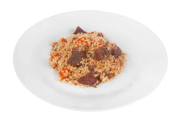 Pilaf, arroz com carne, carne bovina, cordeiro branco isolado — Fotografia de Stock