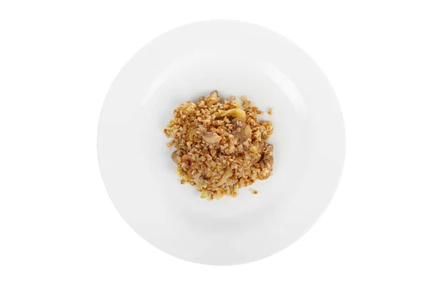 Trigo sarraceno con cebolla y champiñones blanco aislado —  Fotos de Stock