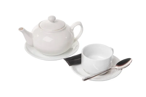 Чайник и пустой чашки изолированы белый — стоковое фото