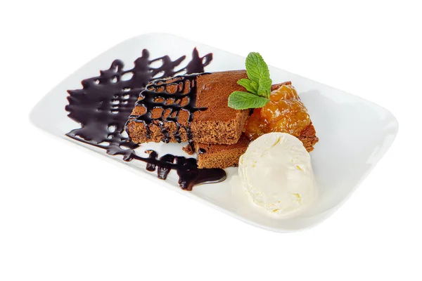 Chocolate cake with jar and ice cream isolated — Stock Photo, Image