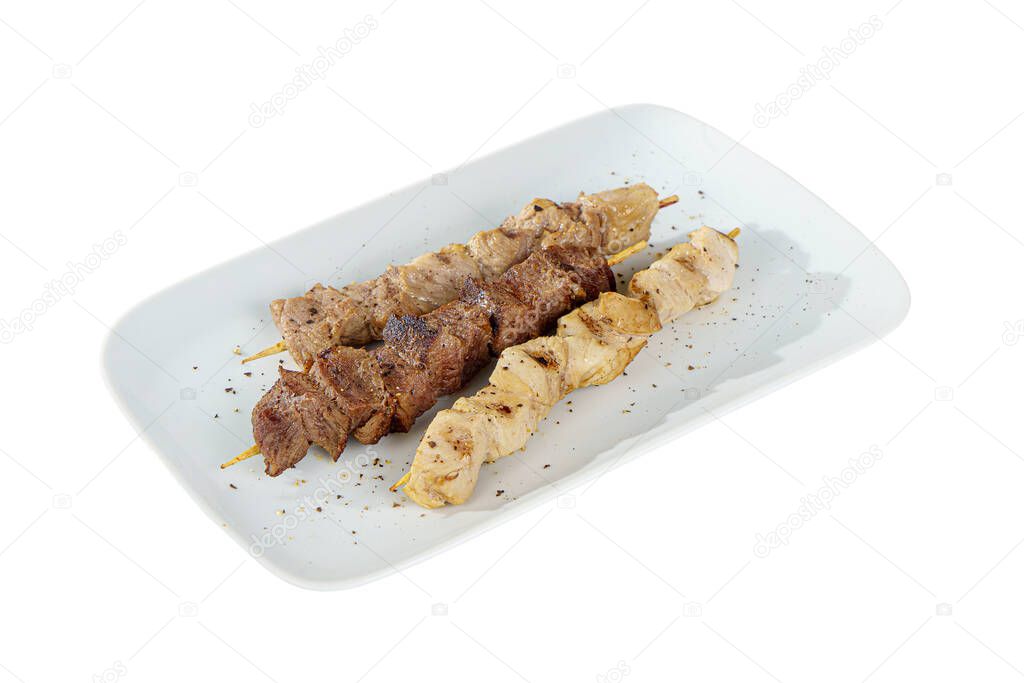 Assorted shish kebab, souvlaki plate isolated on white
