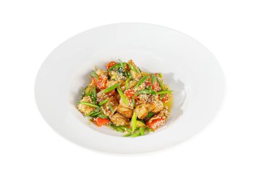 Potato with meat on plate isolated