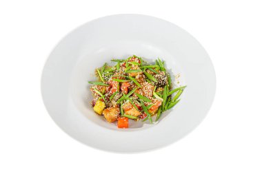 Potato with meat on plate isolated