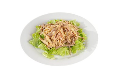 Salad with ham and egg pancake white isolated