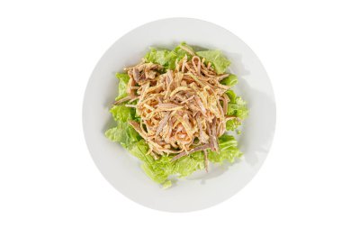 Salad with ham and egg pancake white isolated
