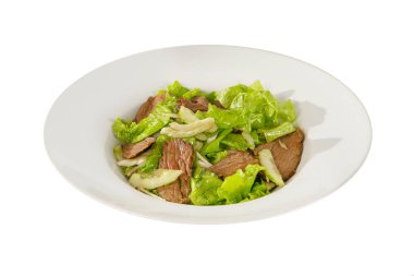 salad with meat on plate white isolated