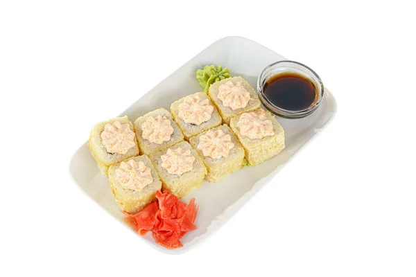 Sushi Semmeln Uramaki Alaska Tempura Mit Lavasauce Tobiko Kaviar Rohe lizenzfreie Stockbilder