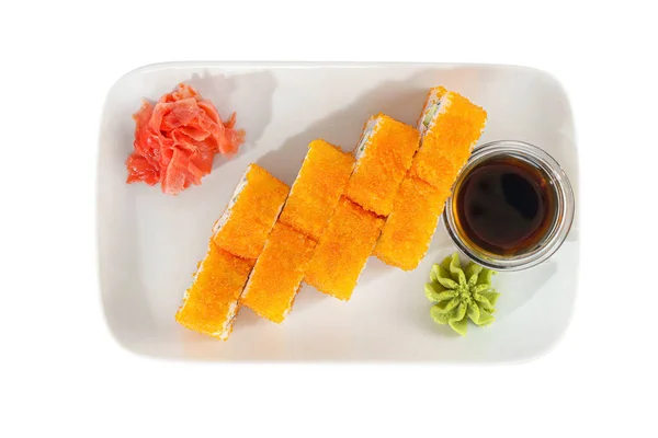 Sushi Semmeln Uramaki Kalifornien Mit Tobiko Kaviar Avocado Rohen Meeresfrüchten — Stockfoto