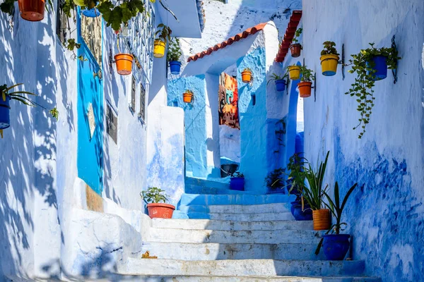 Kleurrijke bloempotten in Chefchaouen — Stockfoto