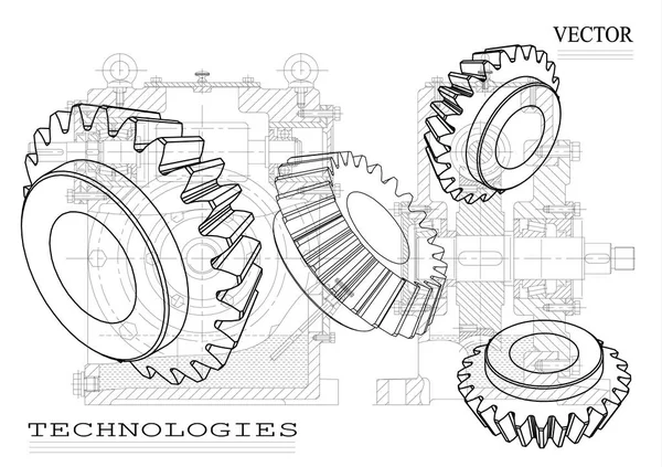 Dessins de construction mécanique sur fond blanc, roues . — Image vectorielle