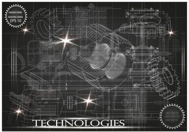 Siyah bir arka plan jantlar makine yapım çizimleri.
