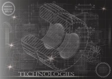 Siyah bir arka plan jantlar makine yapım çizimleri.