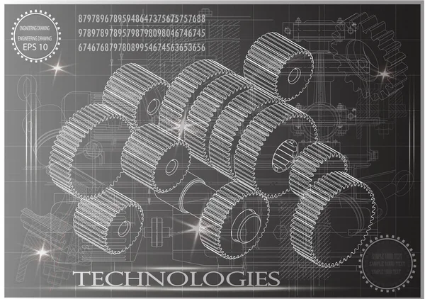 Machine οικοδόμηση σχέδια σε μαύρο φόντο, ζάντες. — Διανυσματικό Αρχείο