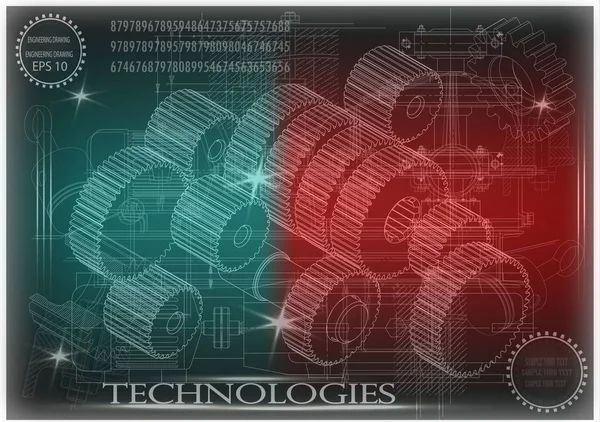 Machine-building drawings on a turquoise and red background, wheels. — Stock Vector