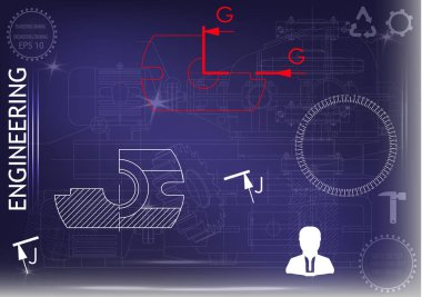 Mavi bir arka plan üzerinde makine yapım çizimleri