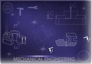 Mavi bir arka plan üzerinde makine yapım çizimleri