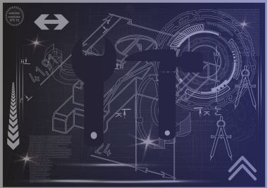 Mavi bir arka plan üzerinde makine yapım çizimleri