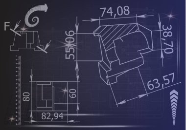 Mavi bir arka plan üzerinde makine yapım çizimleri