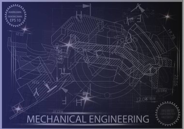 Mavi bir arka plan üzerinde makine yapım çizimleri