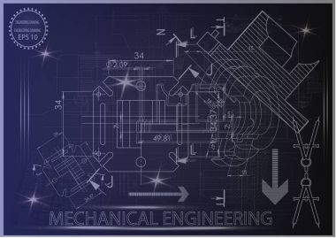 Mavi bir arka plan üzerinde makine yapım çizimleri