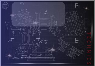 Mavi bir arka plan üzerinde makine yapım çizimleri