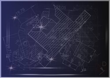 Mavi bir arka plan üzerinde makine yapım çizimleri