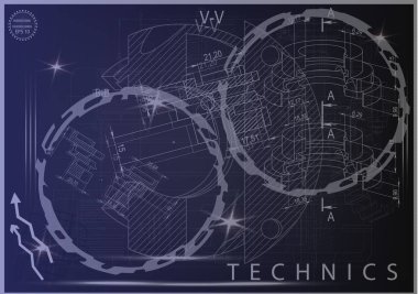Mavi bir arka plan üzerinde makine yapım çizimleri