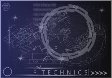 Mavi bir arka plan üzerinde makine yapım çizimleri