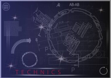 Mavi bir arka plan üzerinde makine yapım çizimleri