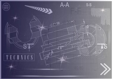 Mavi bir arka plan üzerinde makine yapım çizimleri