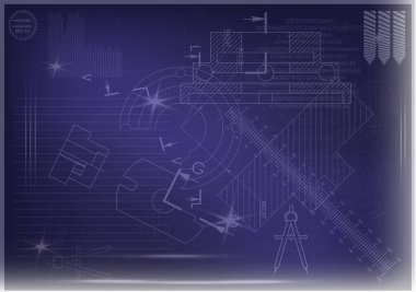 Mavi bir arka plan üzerinde makine yapım çizimleri