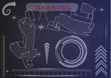 Mavi bir arka plan üzerinde makine yapım çizimleri