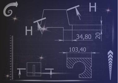 Mavi bir arka plan üzerinde makine yapım çizimleri