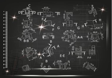 Makine yapım çizimler siyah bir arka plan üzerinde