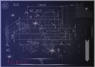 Mavi bir arka plan üzerinde makine yapım çizimleri